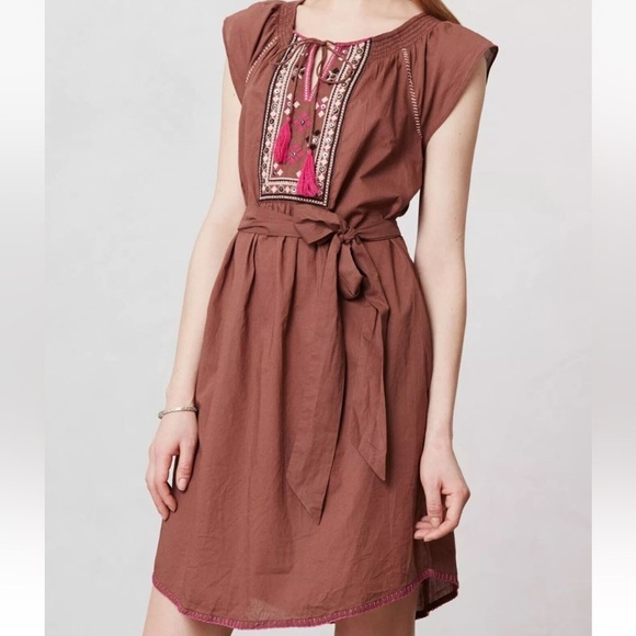 Maeve Dress Brown Embroidered Marbella Sash Waist Boho Tassle 100% Cotton Size 4 - Picture 1 of 11